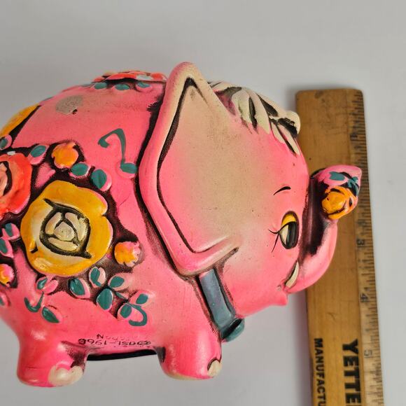 VTG 1968 hot pink elephant bank Japan floral Holiday Fair - Picture 7 of 9